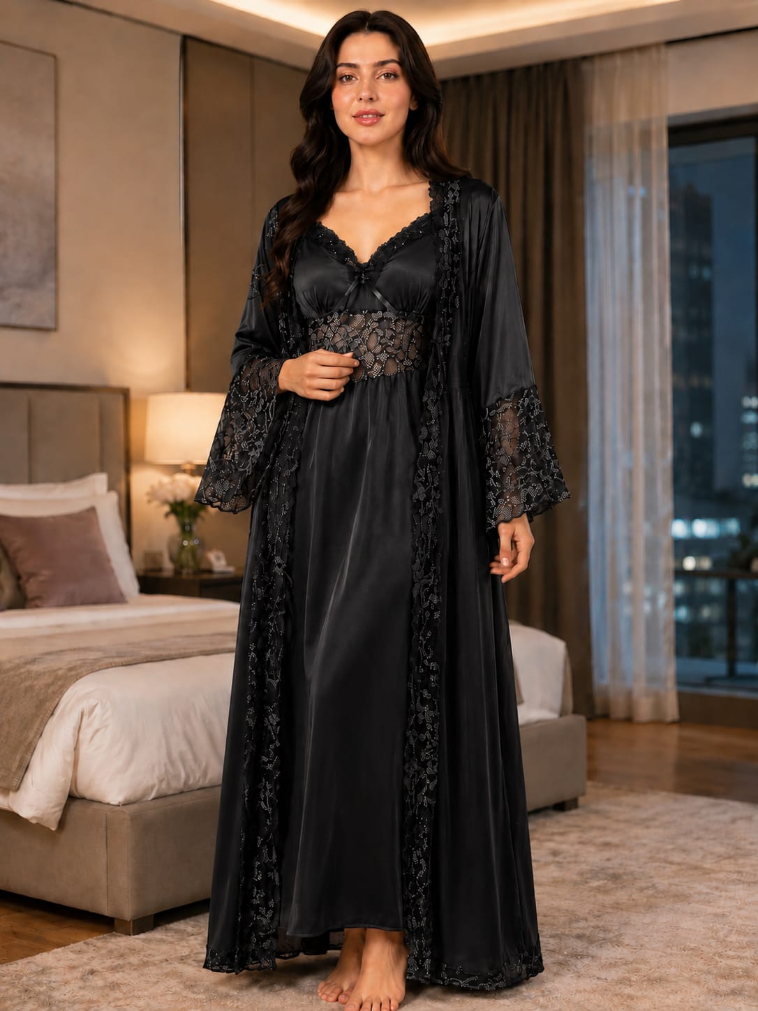 Imported Satin Bridal Robe & Nightgown Set – Floral Lace Trim Long Sleepwear