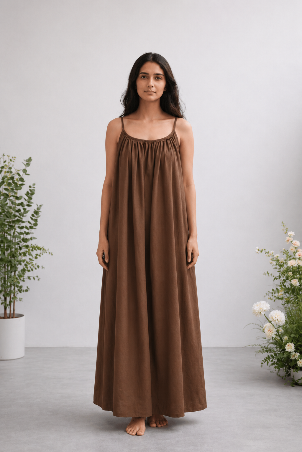 Gathered Linen Maxi Dress with Spaghetti Straps
