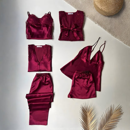 6 Piece Luxury Silk Nightwear Set Black