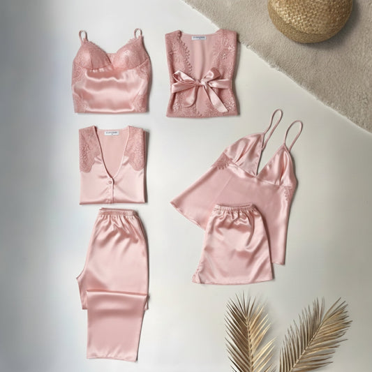 6 Piece Luxury Silk Nightwear Set Pink