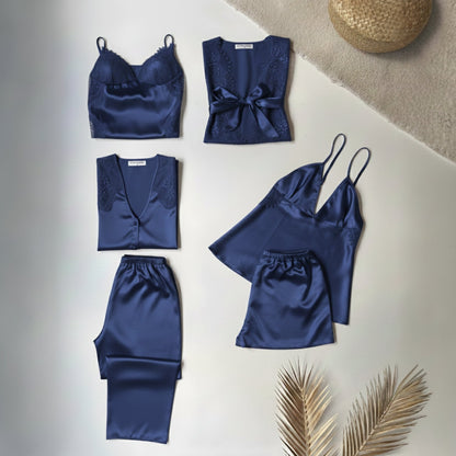 6 Piece Luxury Silk Nightwear Set Black