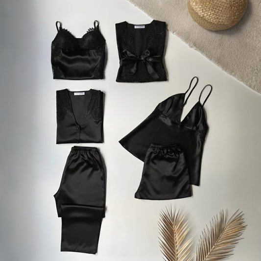 6 Piece Luxury Silk Nightwear Set Black