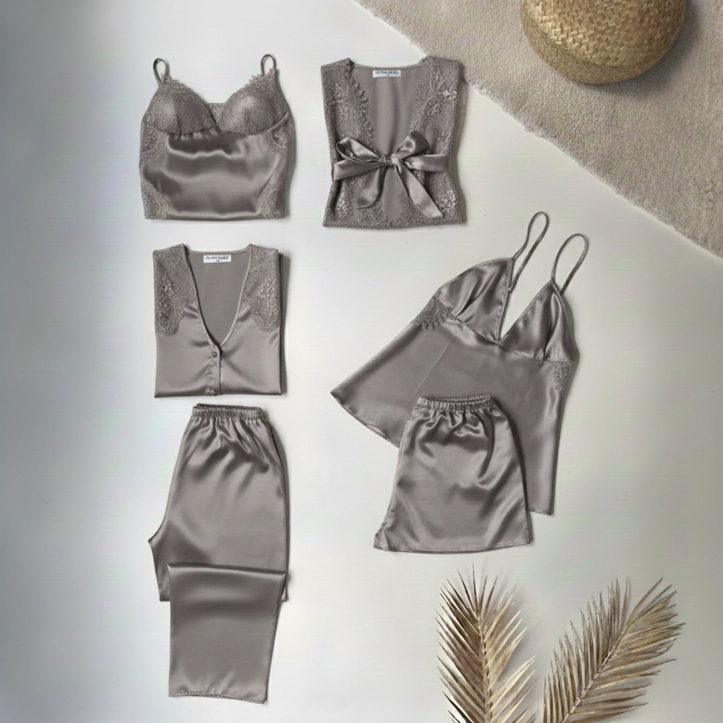 6 Piece Luxury Silk Nightwear Set Black