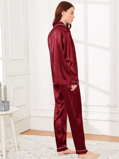 Mahroon 100% Pure Silk Pajama Set | Contrast Piping