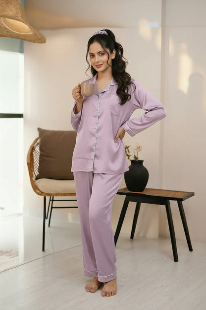 Plain With Contrast Piping Pajama Suit