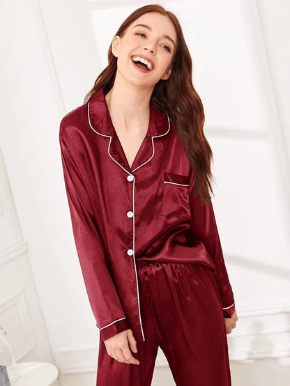 Black 100% Pure Silk Pajama Set | Contrast Piping