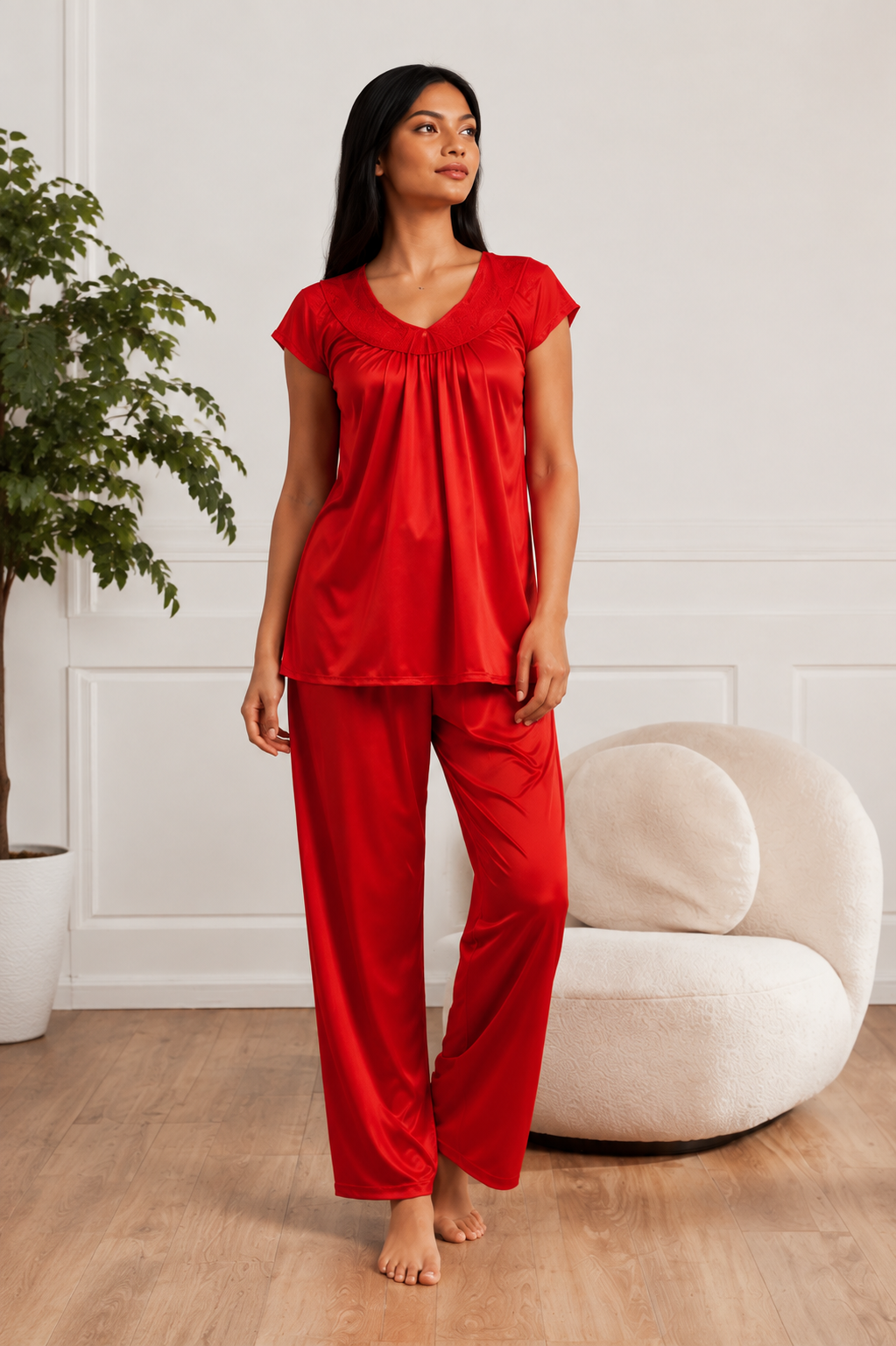 Women’s Satin Lace Pajama Set – Short Sleeve Nightwear with Matching Pants