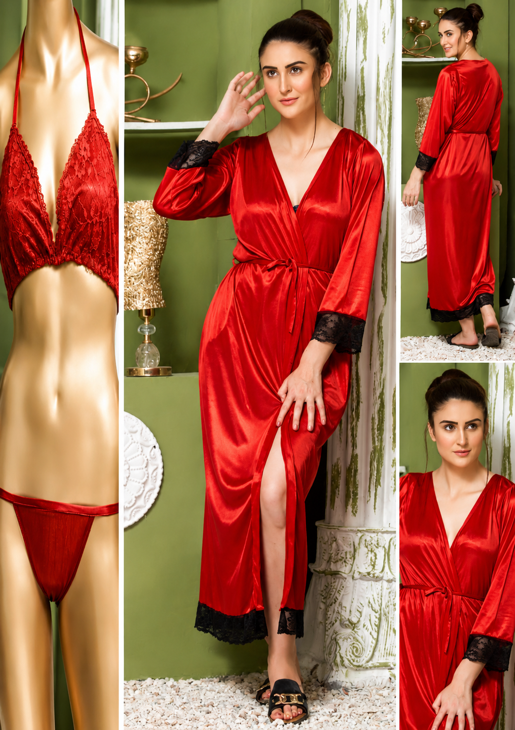 Elegant Black Satin Nightwear Set with Lace Trim