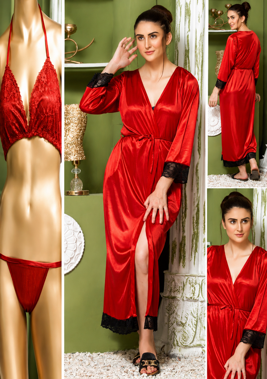Elegant Black Satin Nightwear Set with Lace Trim