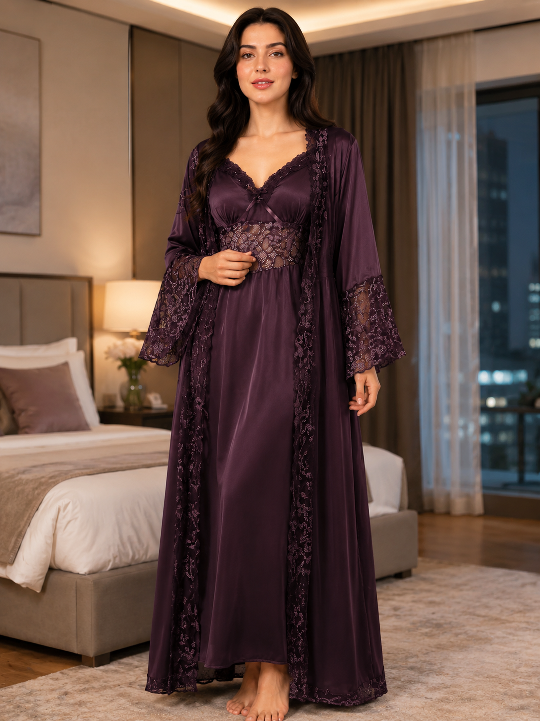 Imported Satin Bridal Robe & Nightgown Set – Floral Lace Trim Long Sleepwear