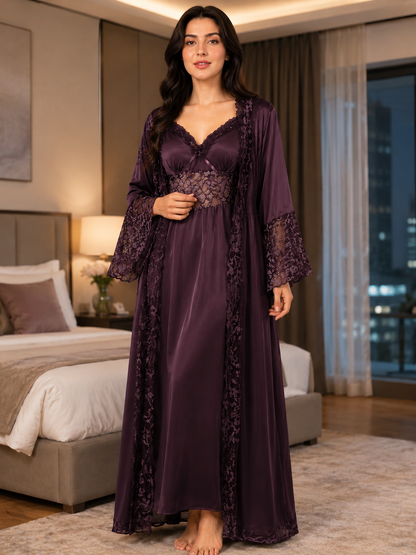 Imported Satin Bridal Robe & Nightgown Set – Floral Lace Trim Long Sleepwear