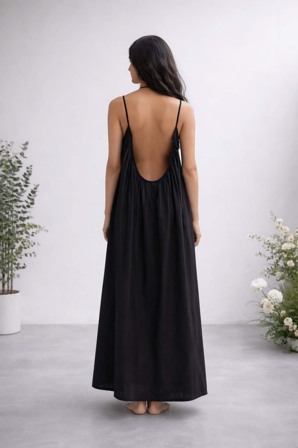 Gathered Linen Maxi Dress with Spaghetti Straps