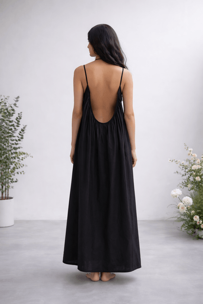 Gathered Linen Maxi Dress with Spaghetti Straps