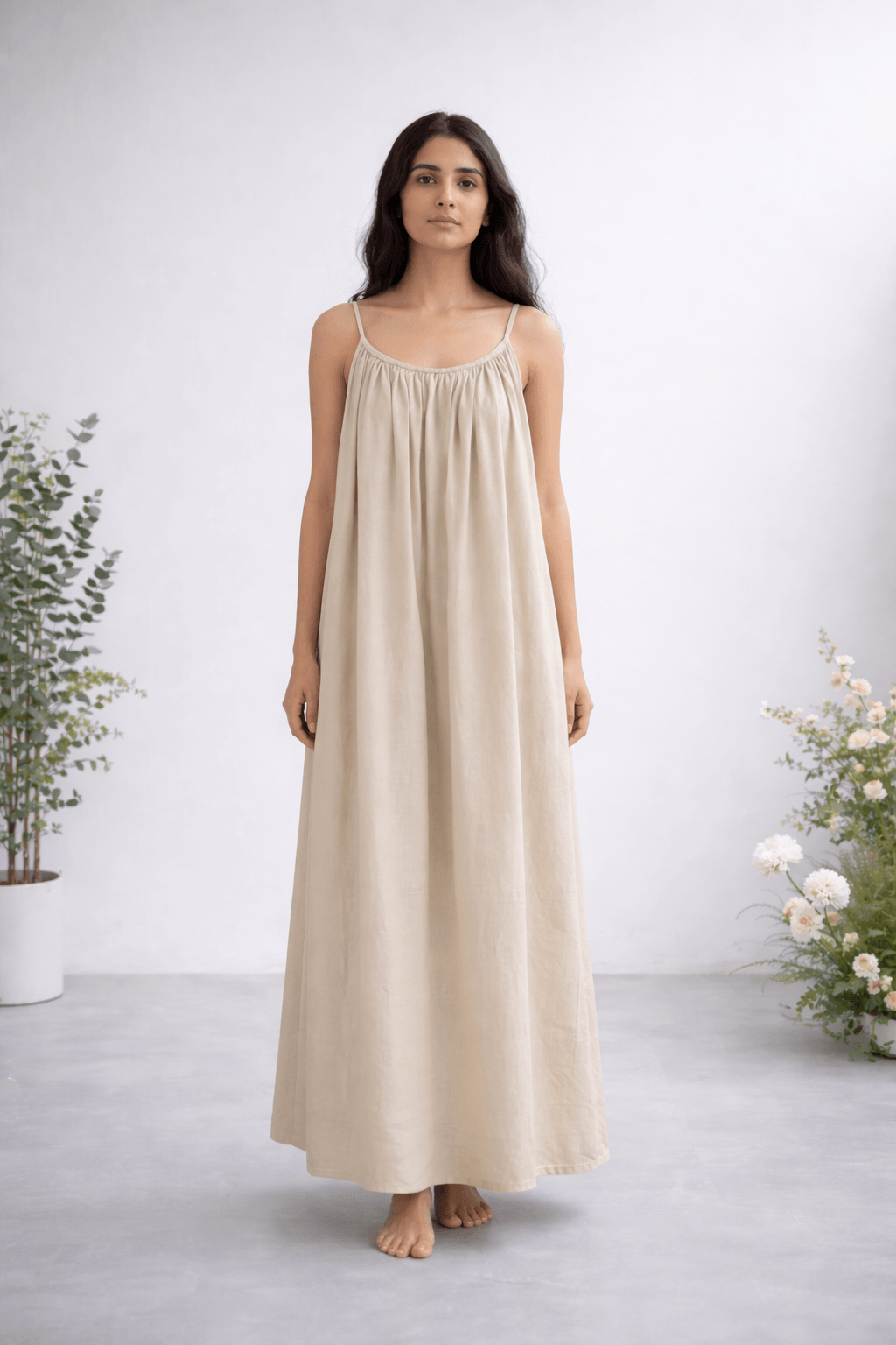 Gathered Linen Maxi Dress with Spaghetti Straps