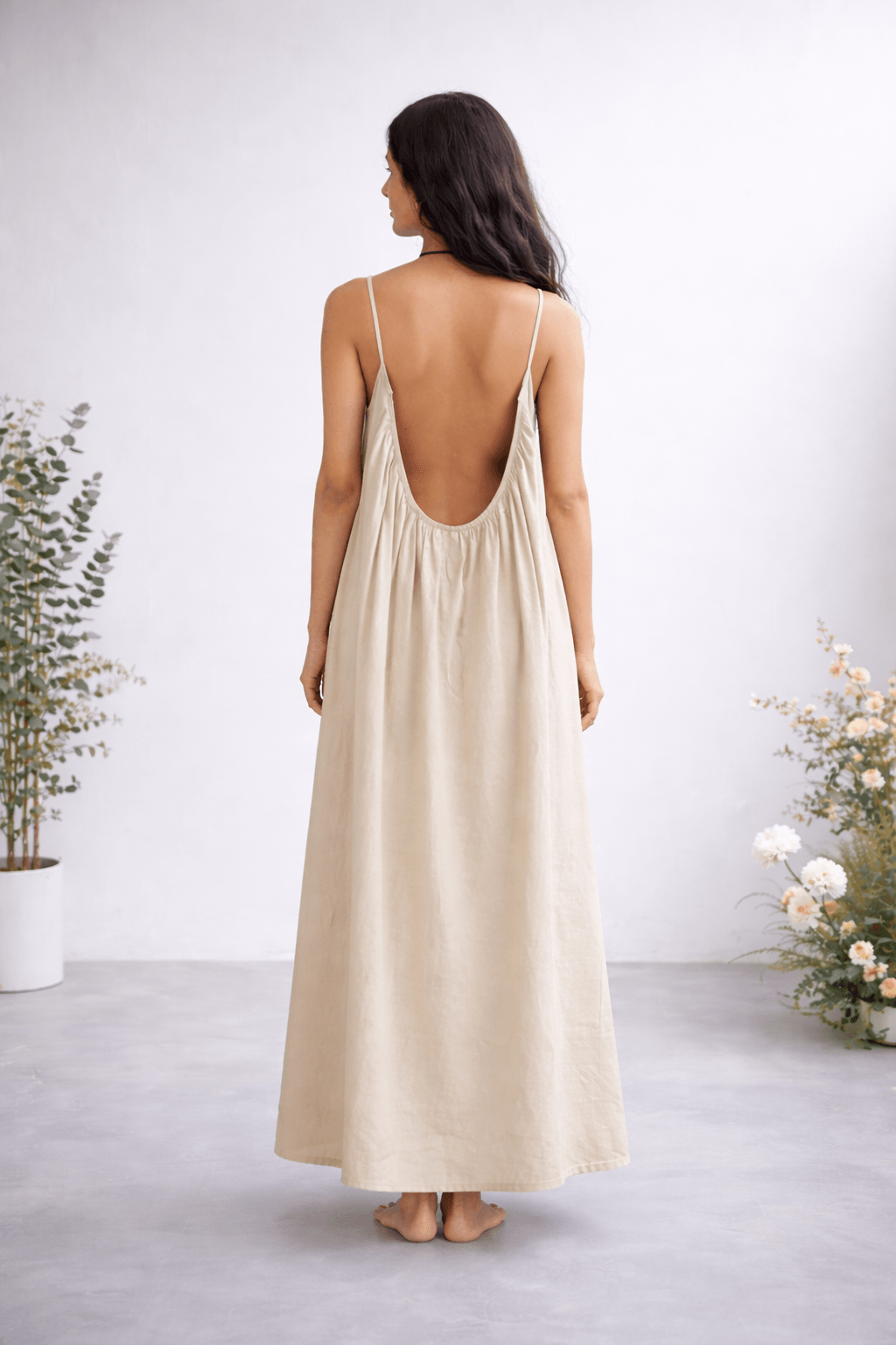 Gathered Linen Maxi Dress with Spaghetti Straps