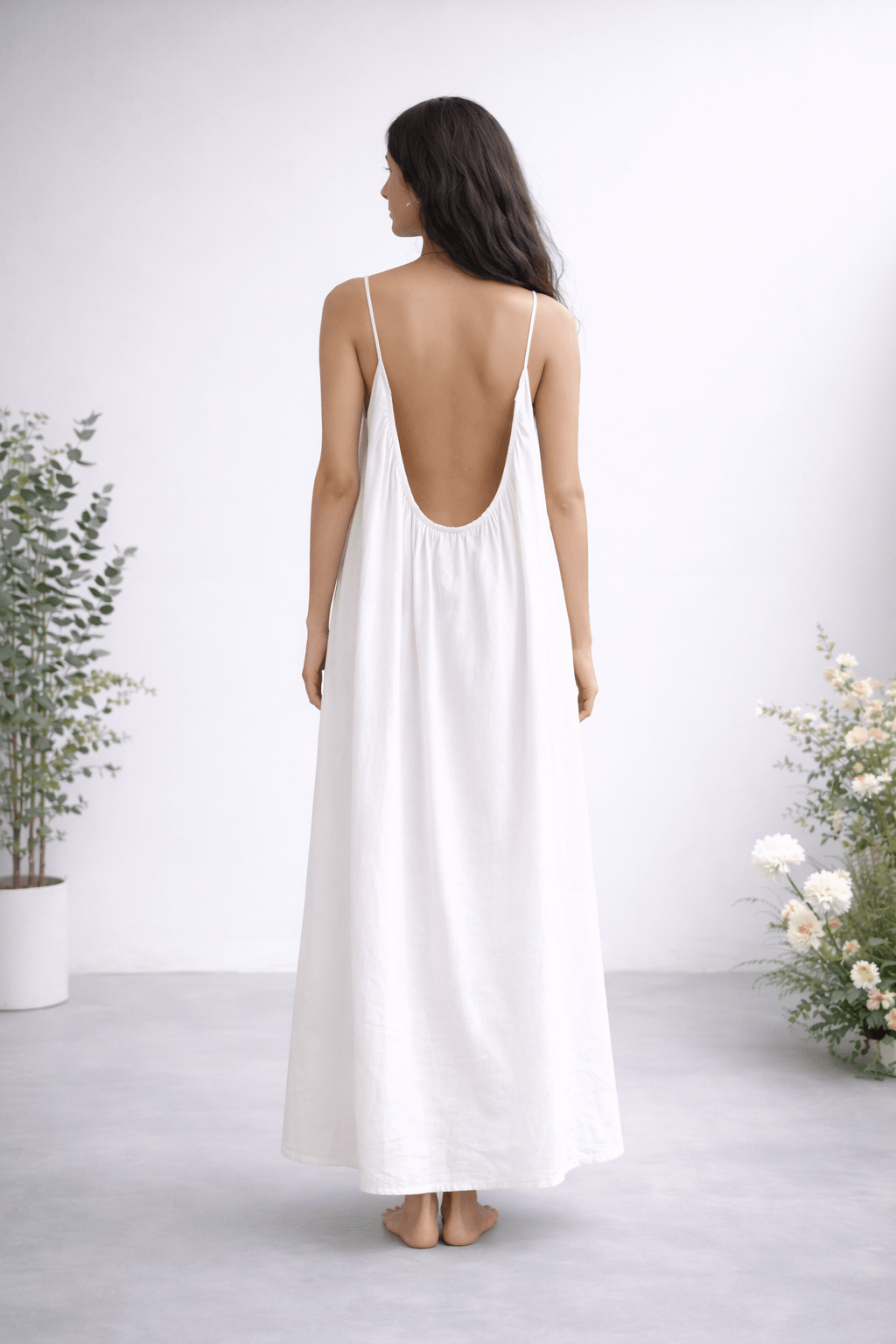 Gathered Linen Maxi Dress with Spaghetti Straps