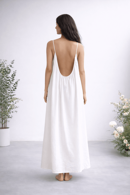 Gathered Linen Maxi Dress with Spaghetti Straps