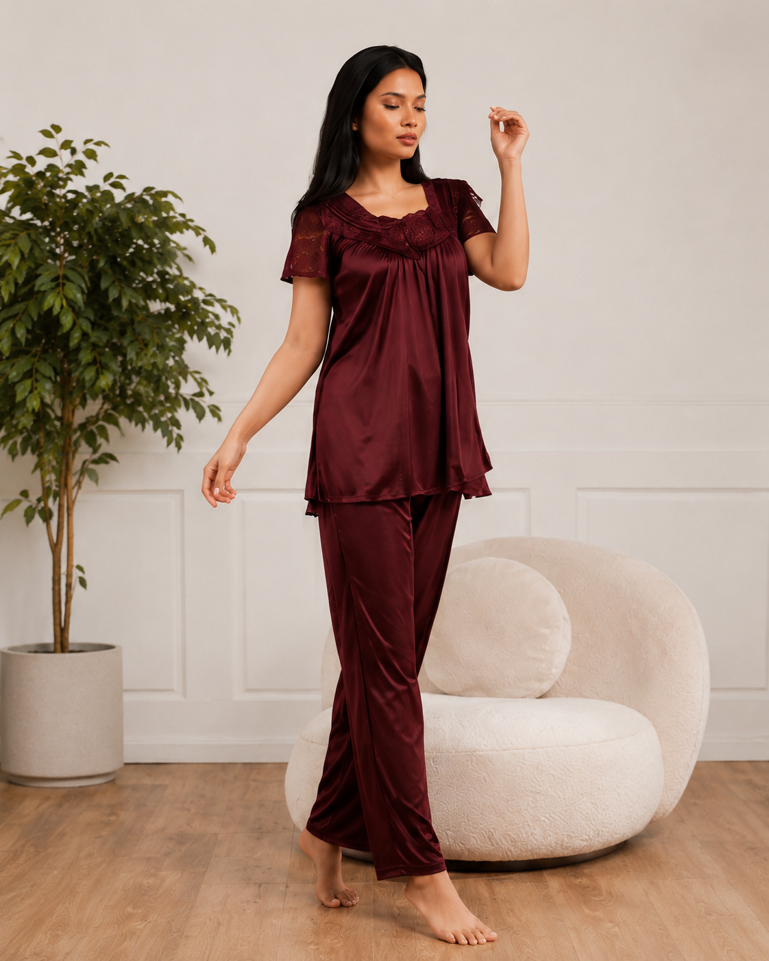Women’s Satin Lace Pajama Set – Short Sleeve Nightwear with Matching Pants