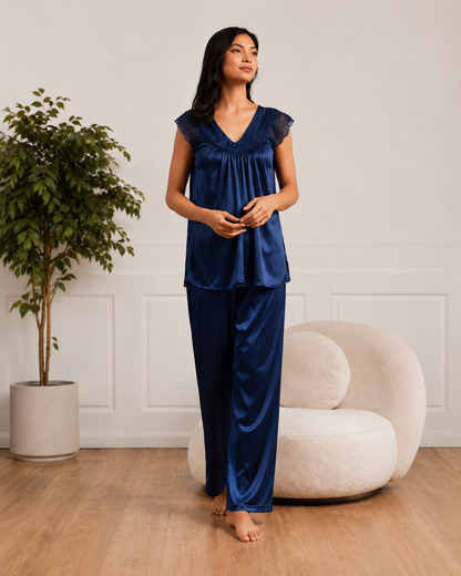 Women’s Satin Lace Pajama Set – Short Sleeve Nightwear with Matching Pants