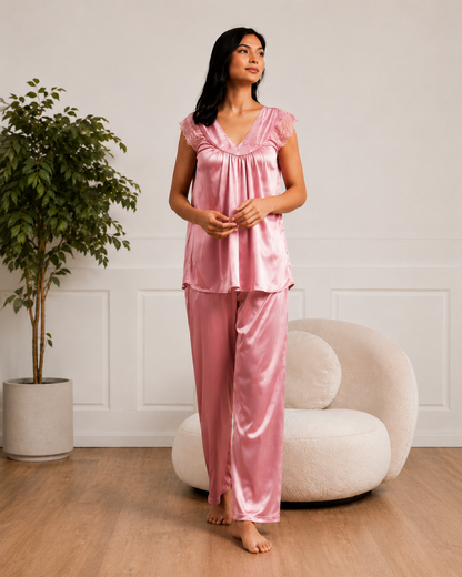 Women’s Satin Lace Pajama Set – Short Sleeve Nightwear with Matching Pants