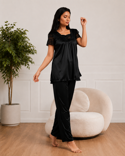 Women’s Satin Lace Pajama Set – Short Sleeve Nightwear with Matching Pants