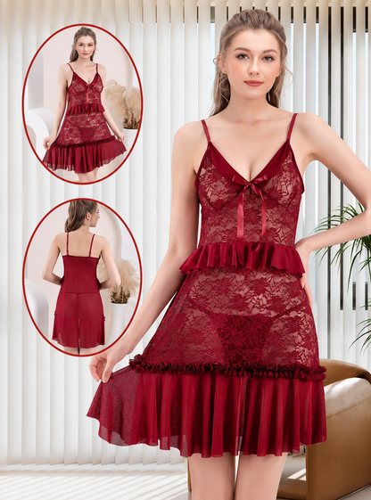 Sexy Lace Babydoll Dress – Deep V Neck, Tie Straps