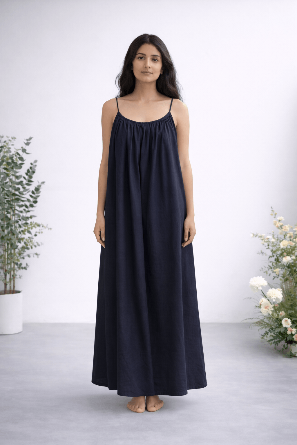 Gathered Linen Maxi Dress with Spaghetti Straps