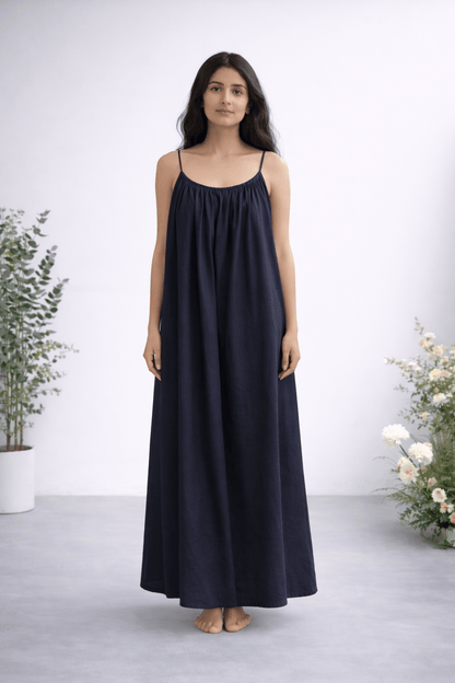 Gathered Linen Maxi Dress with Spaghetti Straps