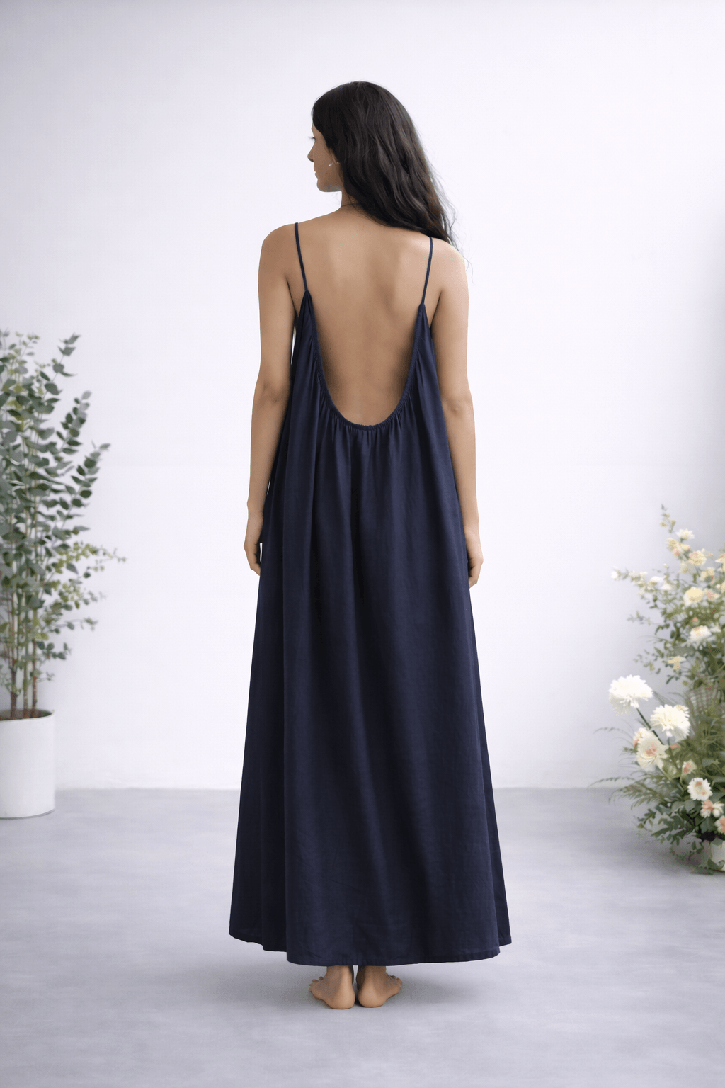 Gathered Linen Maxi Dress with Spaghetti Straps