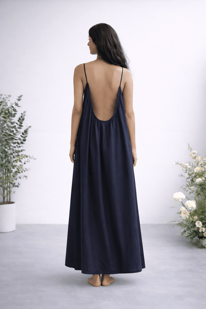 Gathered Linen Maxi Dress with Spaghetti Straps