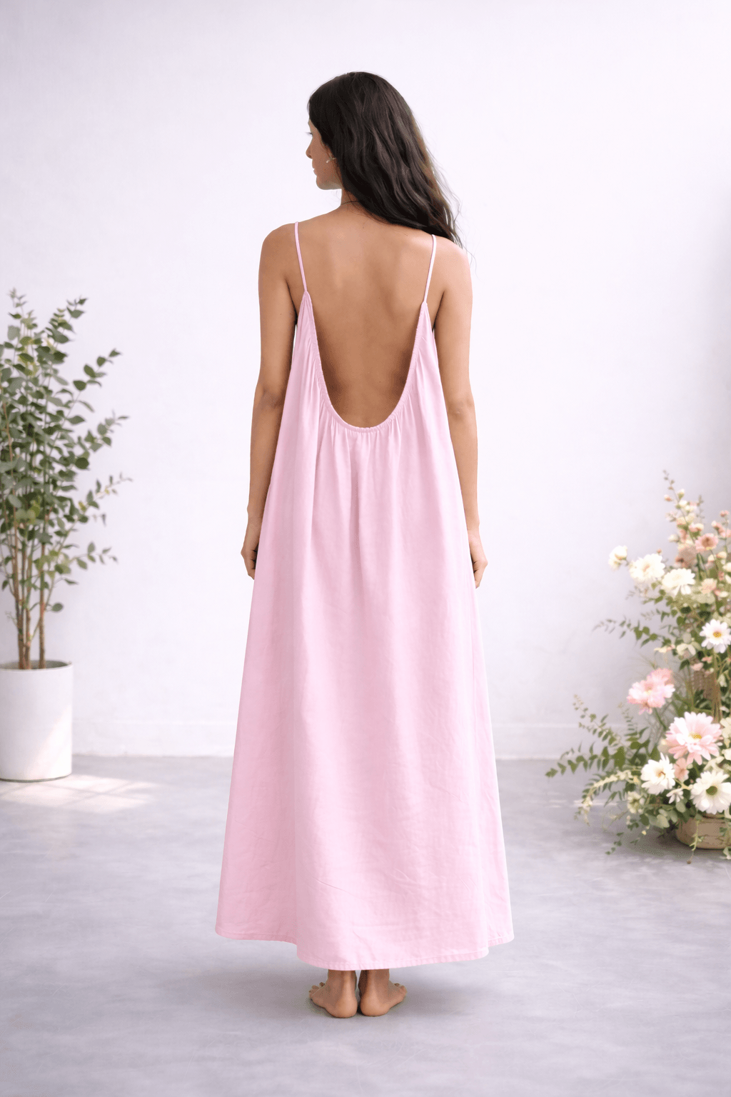 Gathered Linen Maxi Dress with Spaghetti Straps