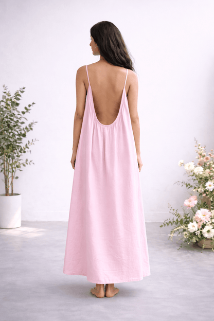 Gathered Linen Maxi Dress with Spaghetti Straps