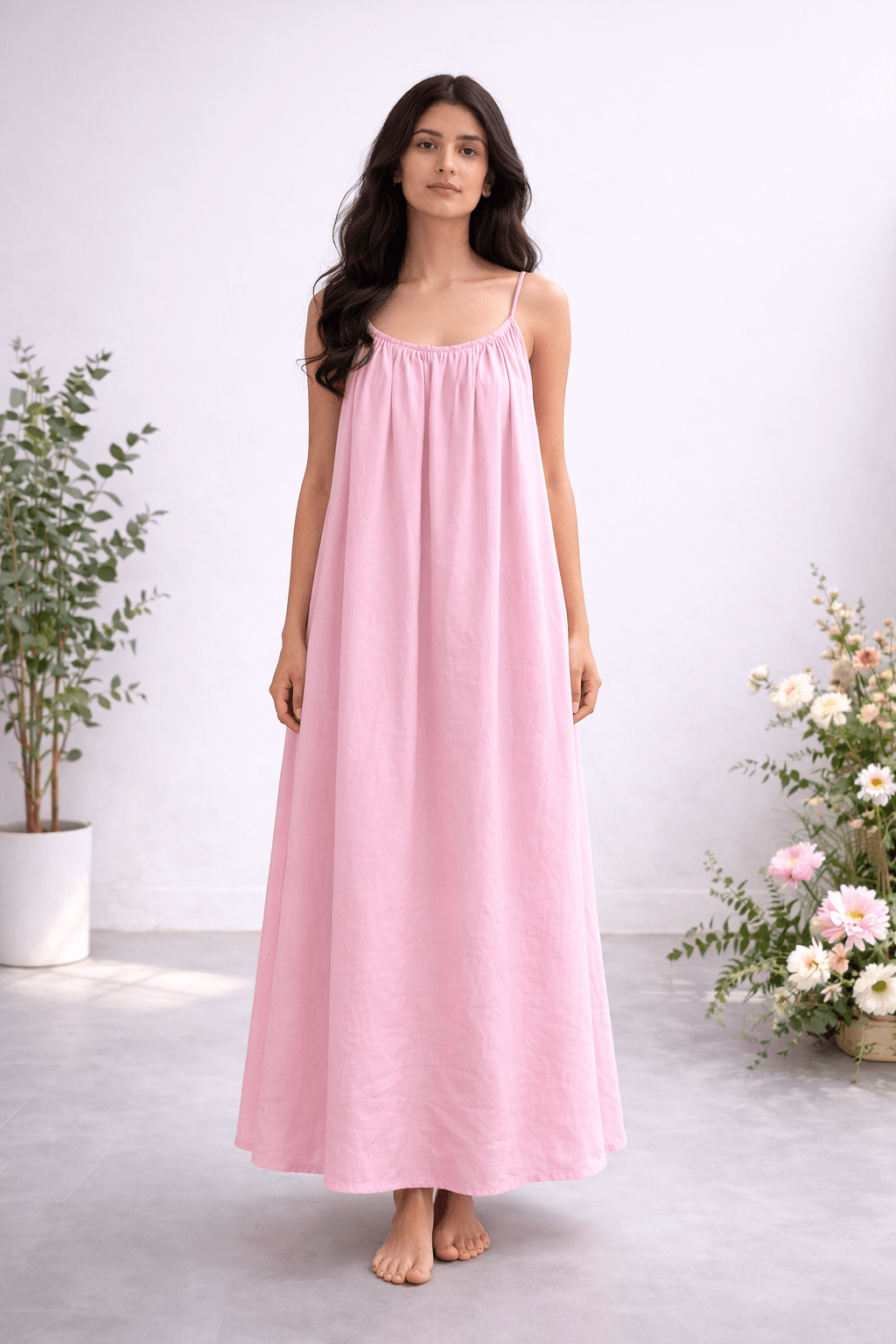 Gathered Linen Maxi Dress with Spaghetti Straps