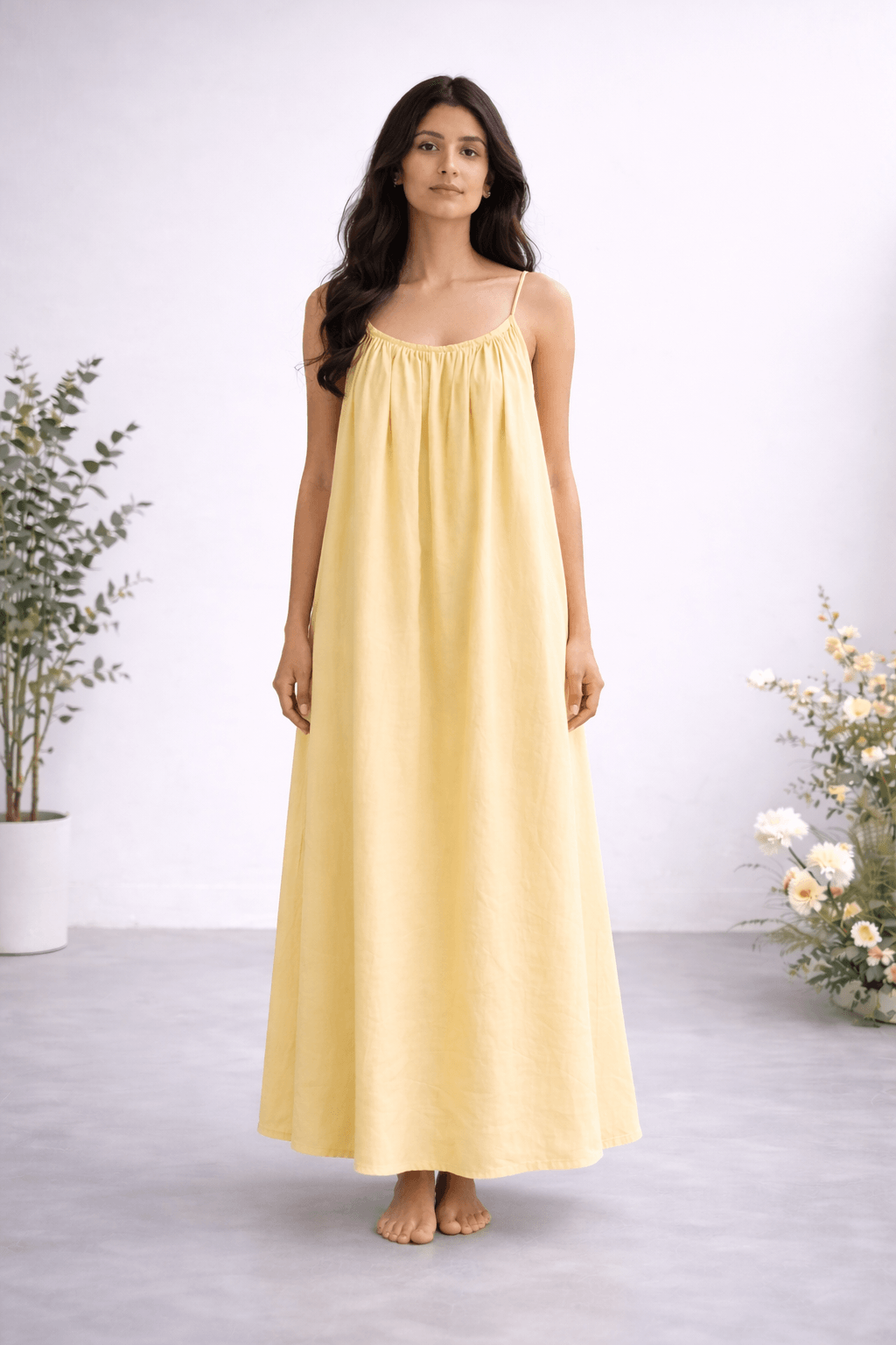 Gathered Linen Maxi Dress with Spaghetti Straps