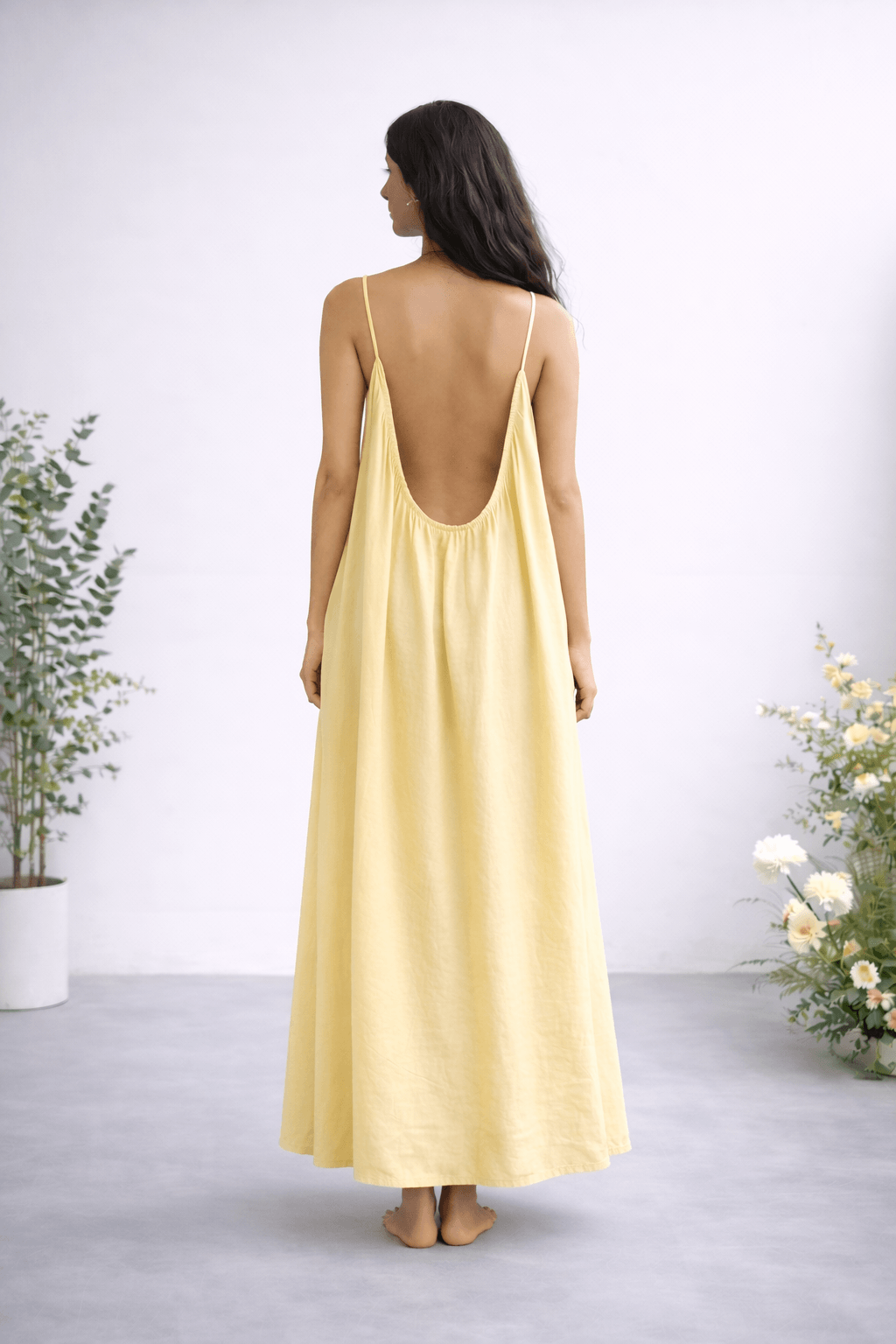 Gathered Linen Maxi Dress with Spaghetti Straps