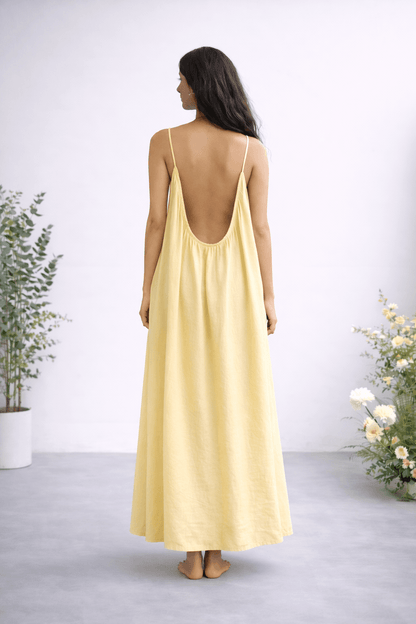 Gathered Linen Maxi Dress with Spaghetti Straps