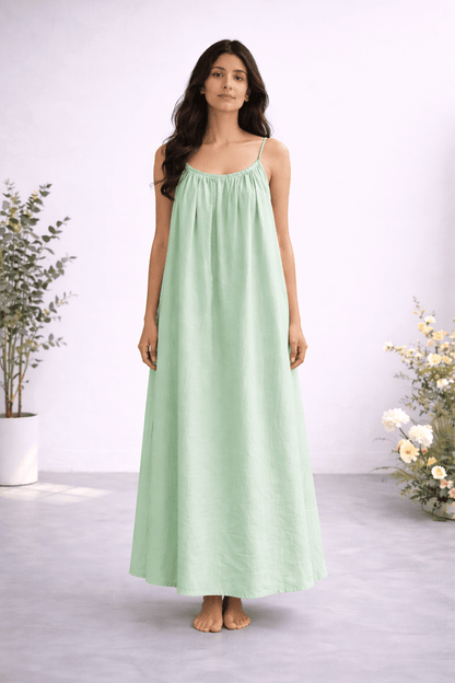 Gathered Linen Maxi Dress with Spaghetti Straps