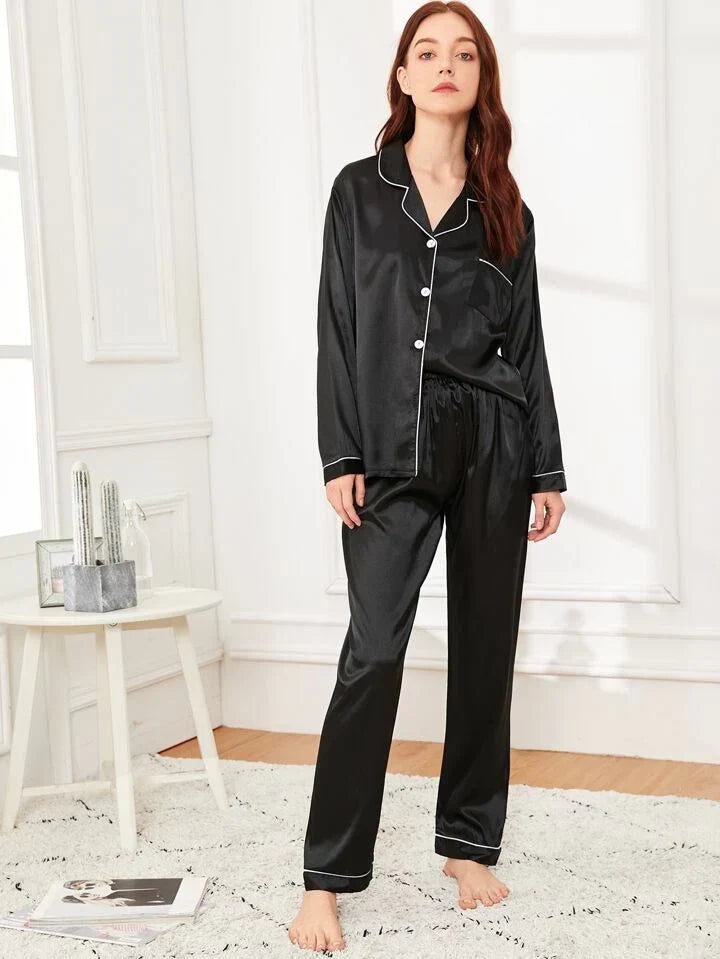 Midnight Blue 100% Pure Silk Pajama Set | Contrast Piping