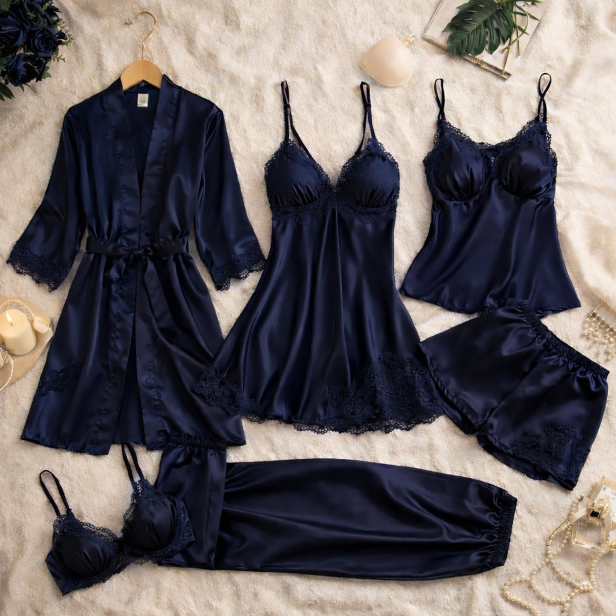 7-Piece Luxury Satin Lace Nightwear Set