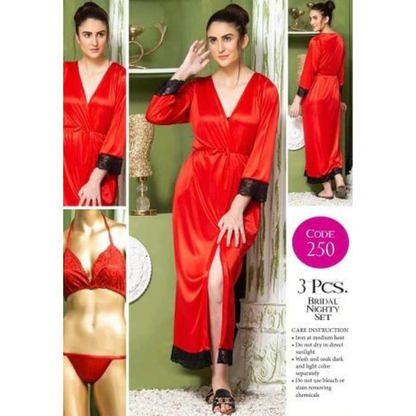 3-Piece Silk Satin Long Gown & Lace Bikini Set