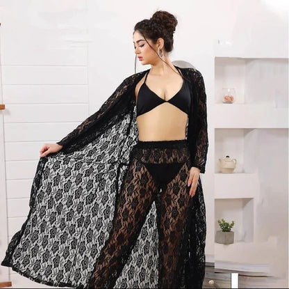4-Piece Floral Net Nighty Set + Sheer Lace Robe with Satin Belt