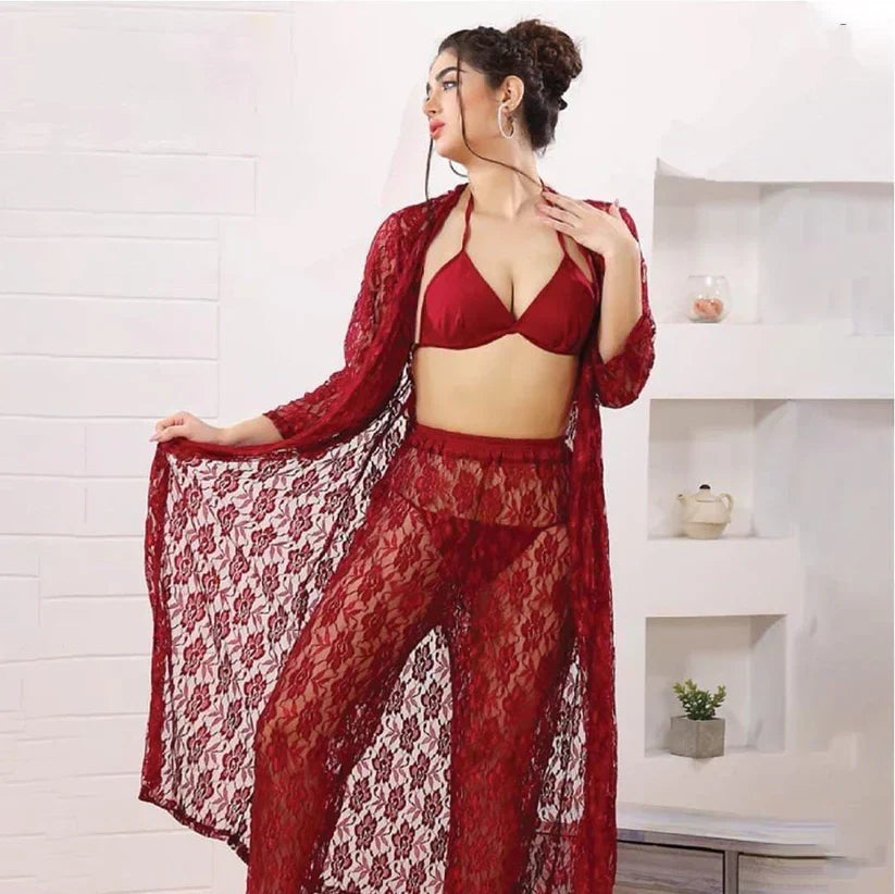 4-Piece Floral Net Nighty Set + Sheer Lace Robe with Satin Belt