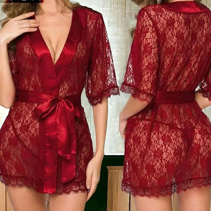4-Piece Floral Net Nighty Set + Sheer Lace Robe with Satin Belt