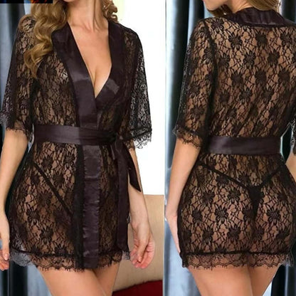 4-Piece Floral Net Nighty Set + Sheer Lace Robe with Satin Belt