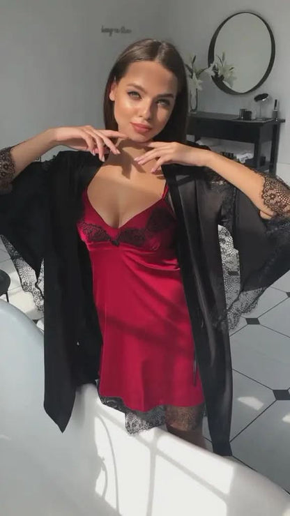 Wine Red 2-Piece Satin Lingerie & Loungewear Set with Black Lace