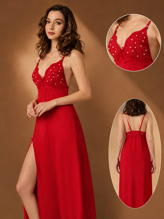 Pearl-Beaded Lace Bodice Long Nightgown with Front Slit – Satin Maxi Sleepwear Dress