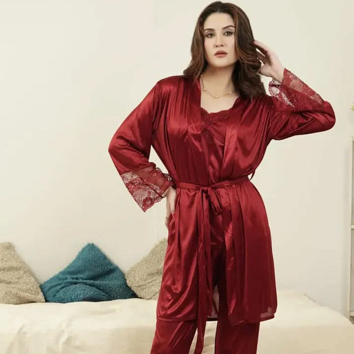Lace-Trimmed 3 Piece Nightwear Set
