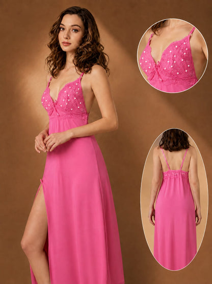 Pearl-Beaded Lace Bodice Long Nightgown with Front Slit – Satin Maxi Sleepwear Dress