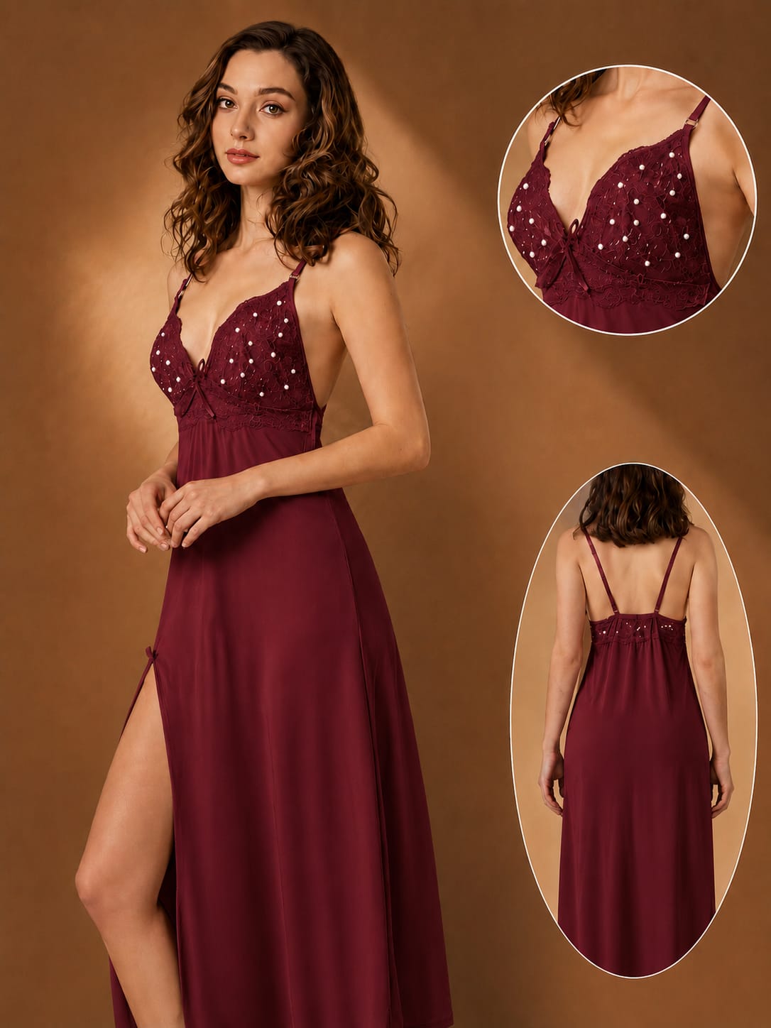 Pearl-Beaded Lace Bodice Long Nightgown with Front Slit – Satin Maxi Sleepwear Dress
