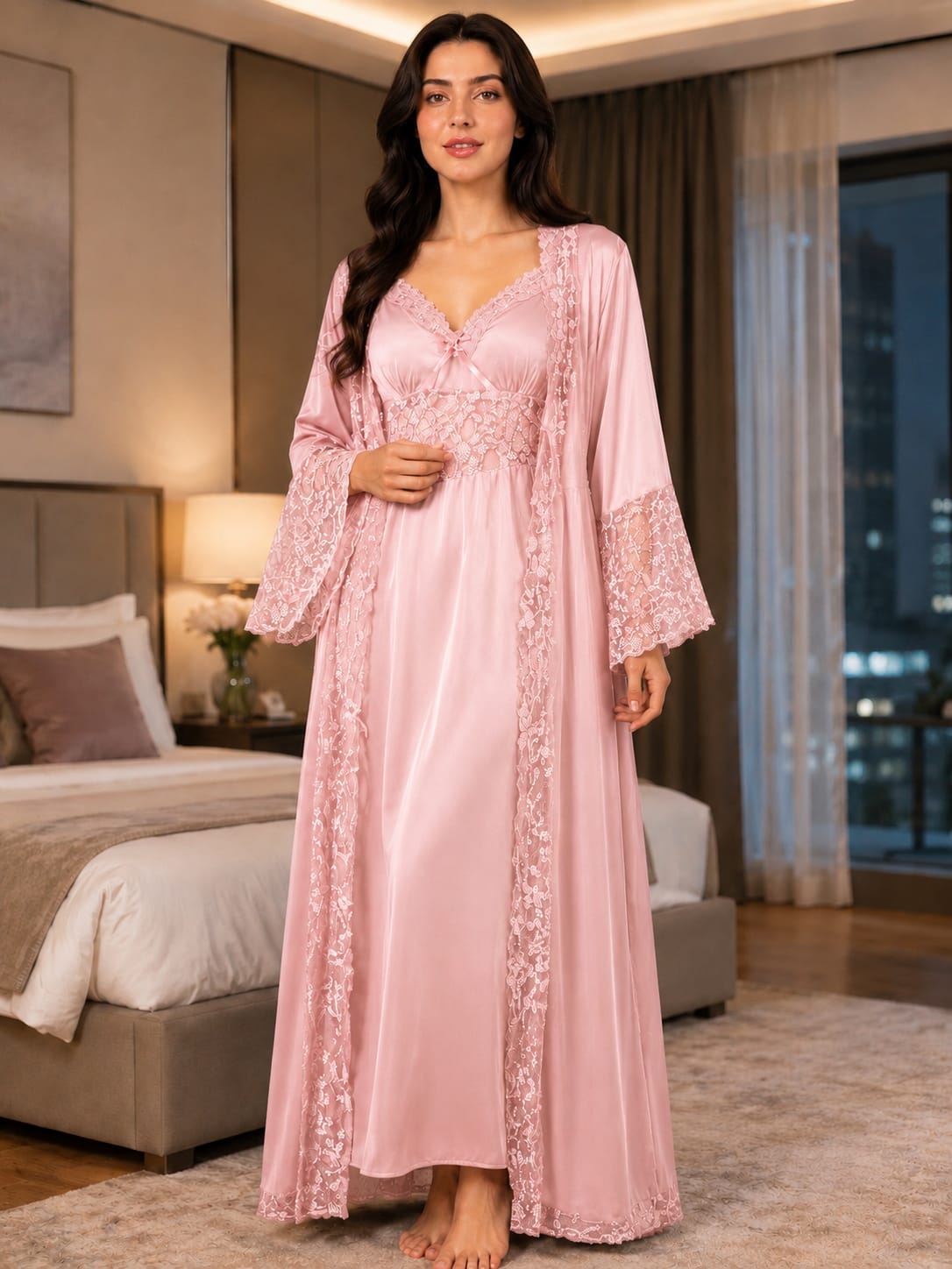 Imported Satin Bridal Robe & Nightgown Set – Floral Lace Trim Long Sleepwear